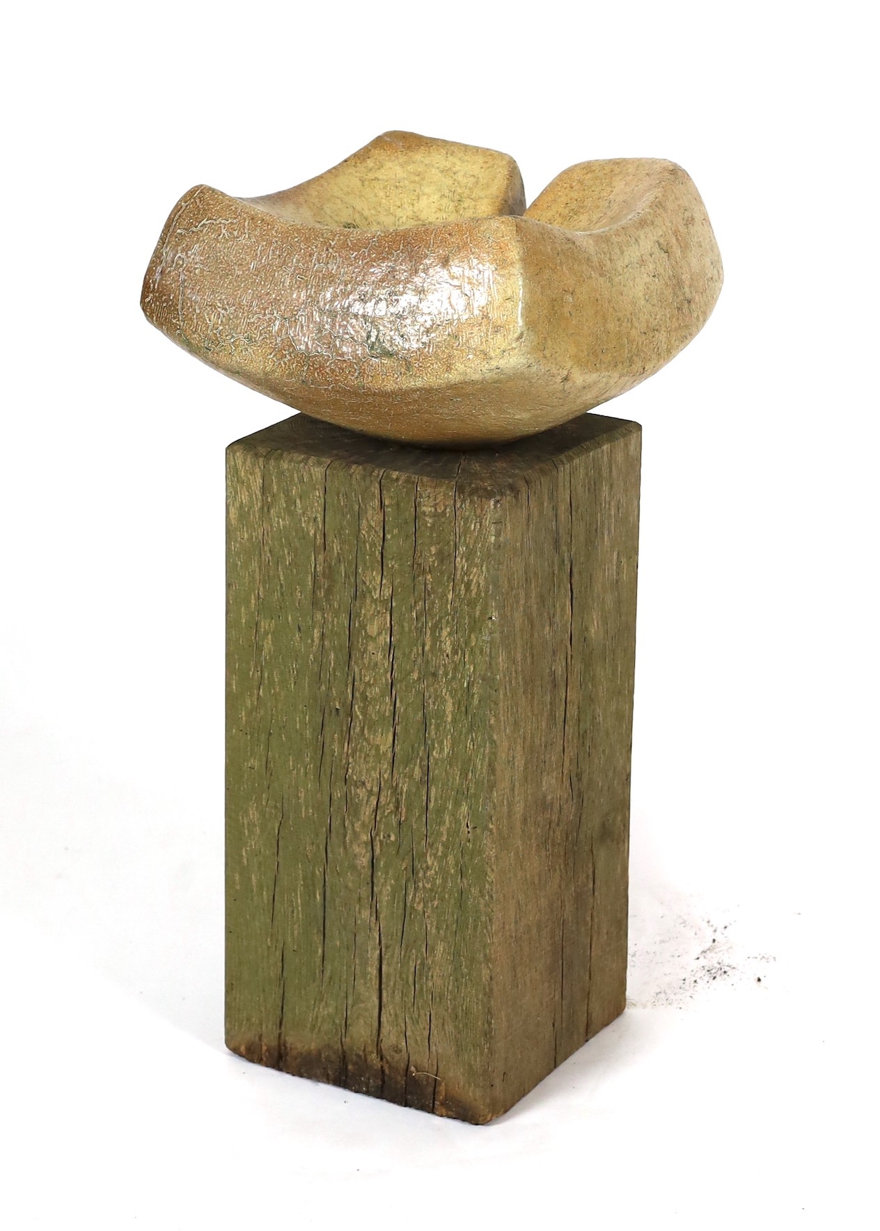 Sarah Walton (b.1945), a large salt glaze stoneware bird bath on a wood pedestal, total dimensions 42cm wide 82cm high